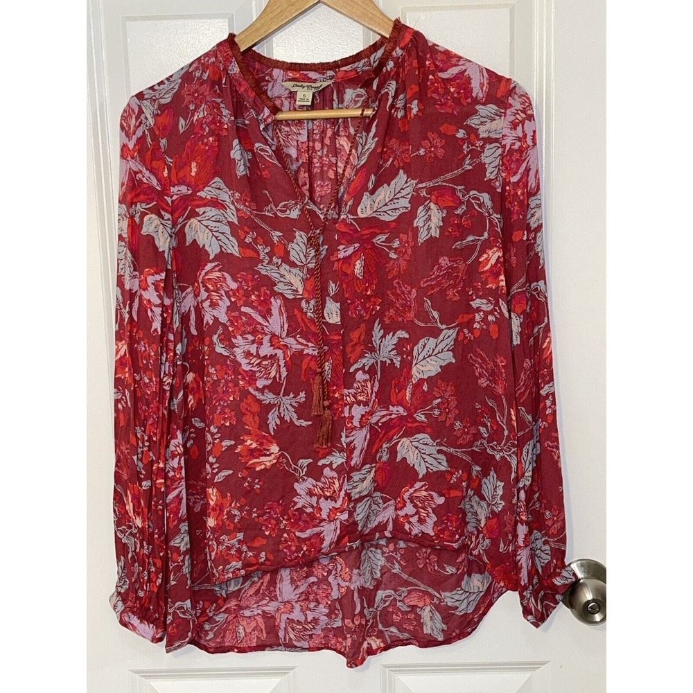 LUCKY BRAND Women's Tie Neck  Boho Floral Print Sheer Long Sleeve Blouse Tunic S